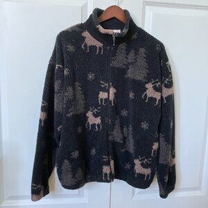 Vintage MIC Fleece Cardigan Womens Black Faux Fur Zip Holiday Reindeer Xmas